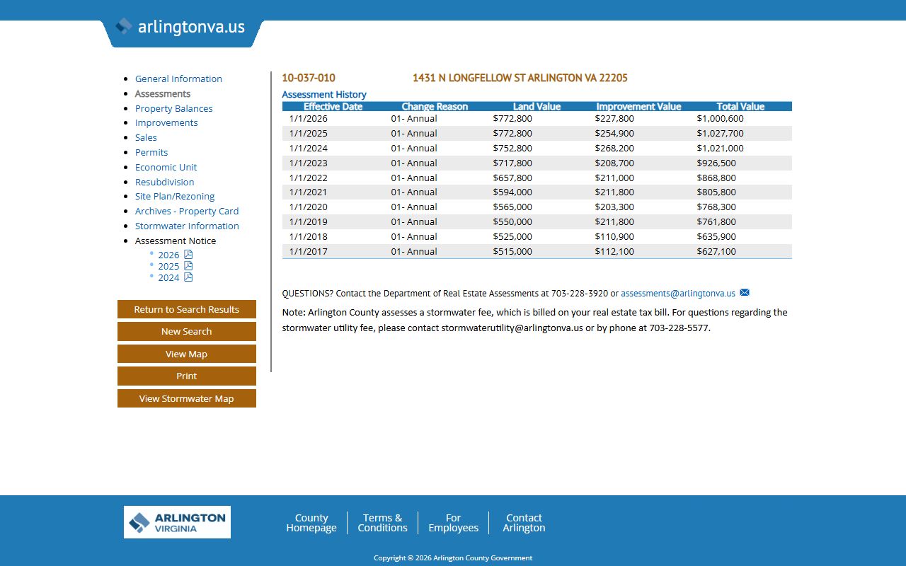 Arlington County White Pages sample assessment record