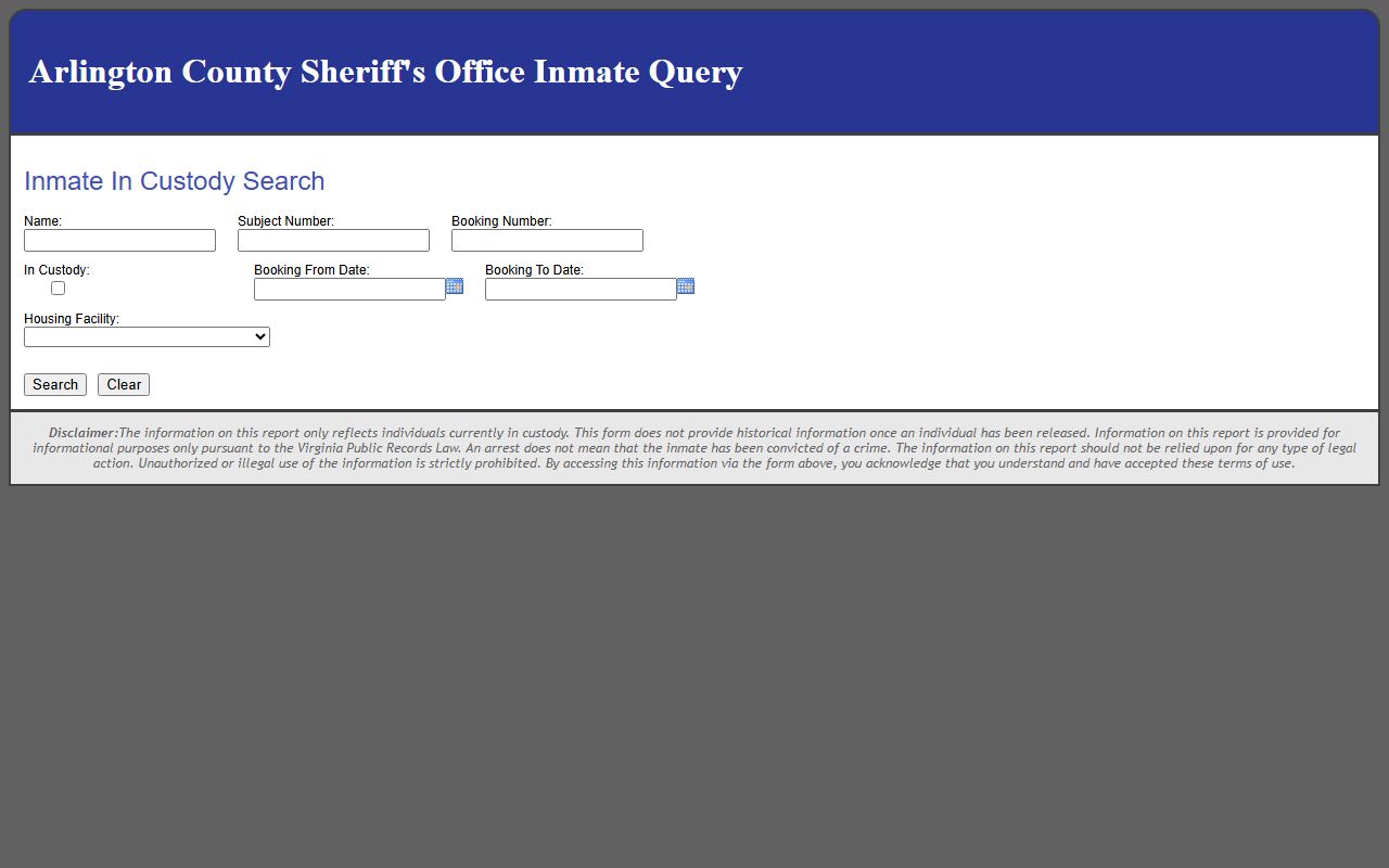Arlington County White Pages inmate query form