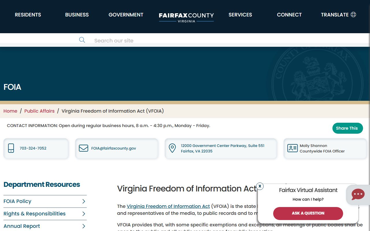 Fairfax County White Pages FOIA office page
