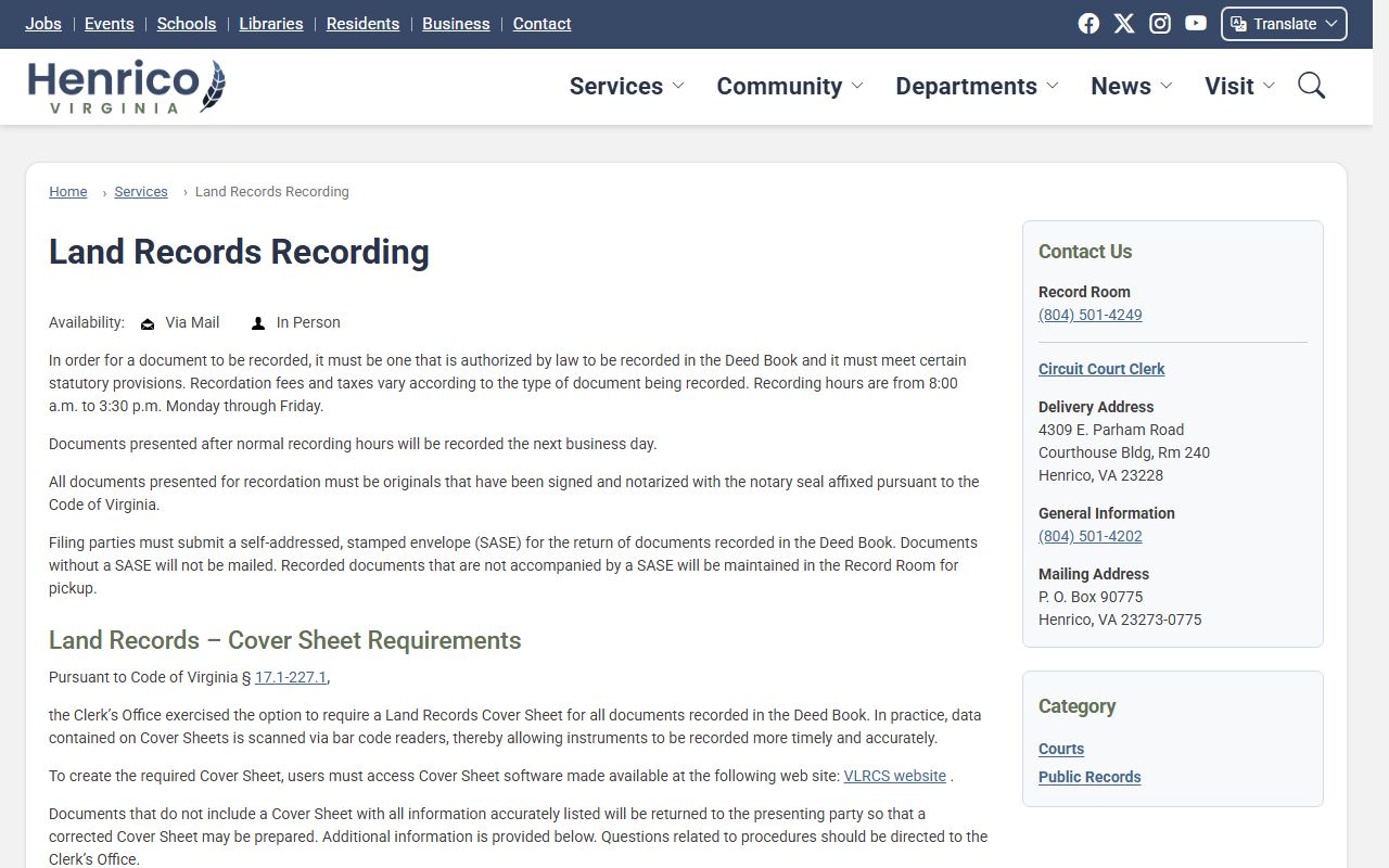 Henrico County White Pages land recording page