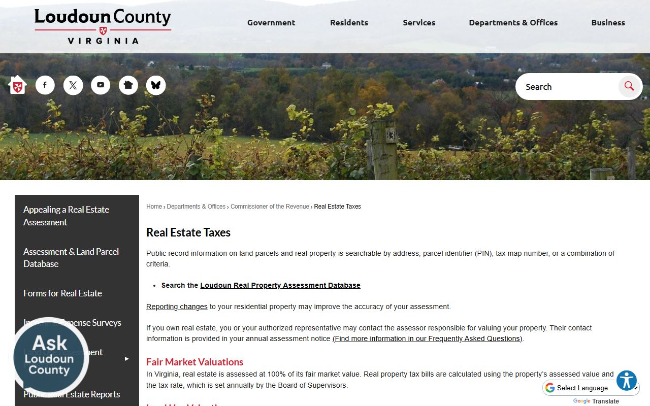 Loudoun County White Pages real estate taxes page