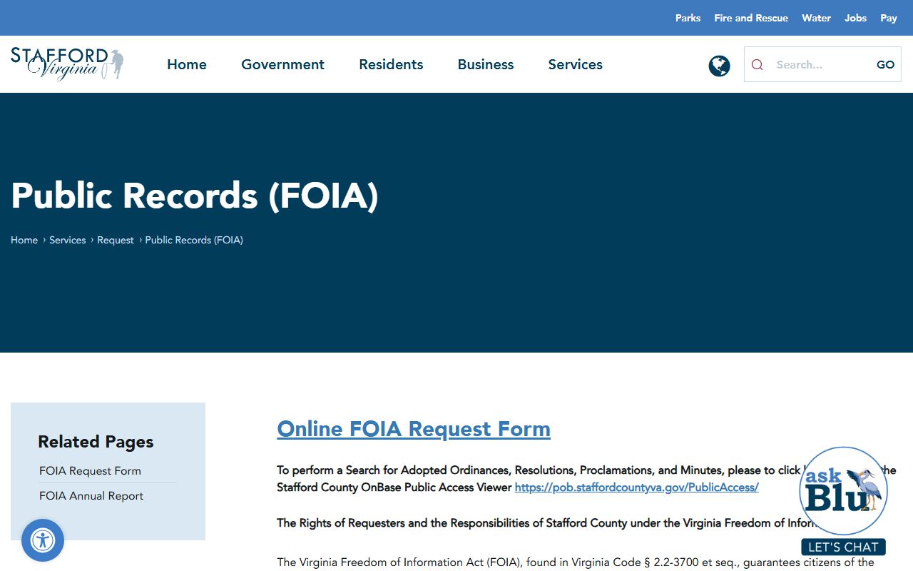 Stafford County White Pages FOIA request page