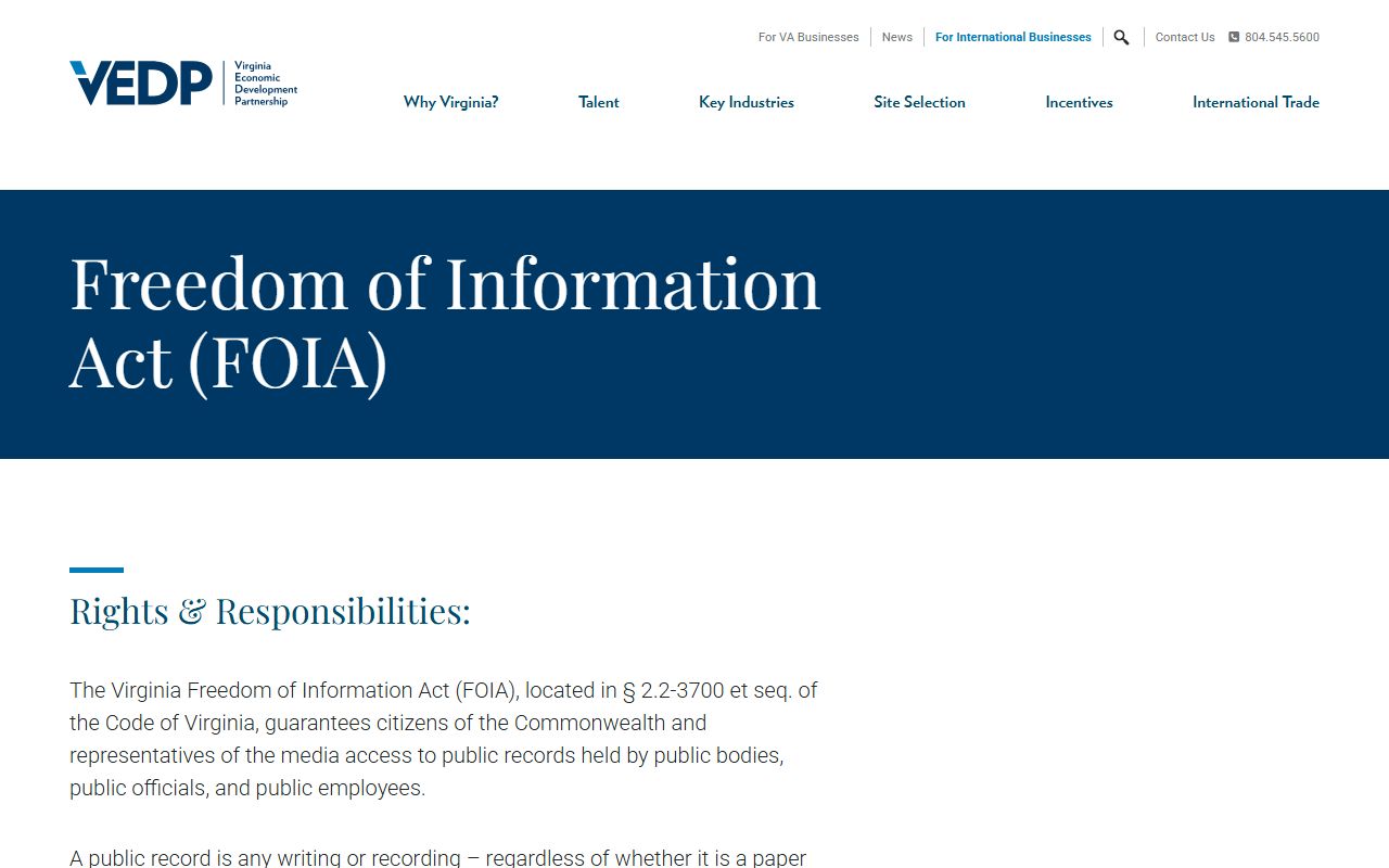 Virginia White Pages VEDP FOIA page
