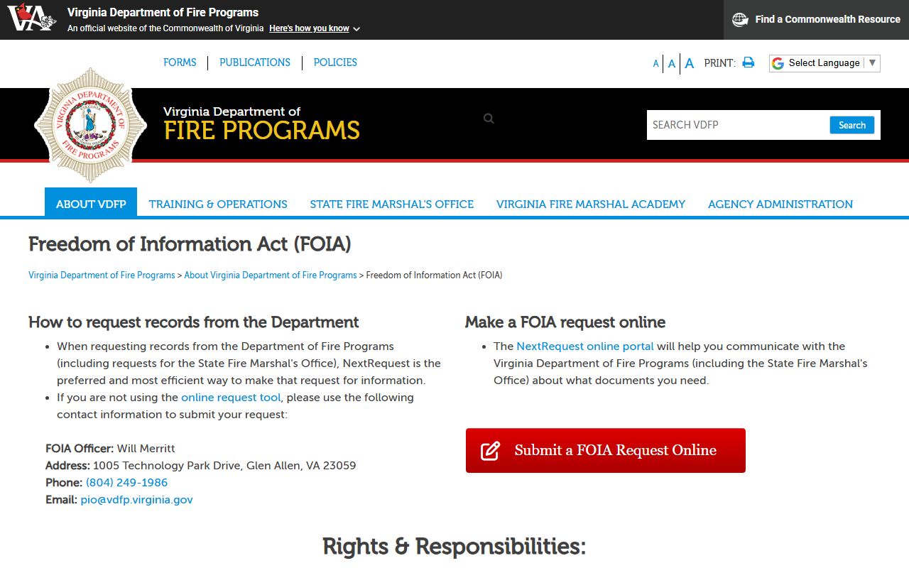 Virginia White Pages FOIA agency page