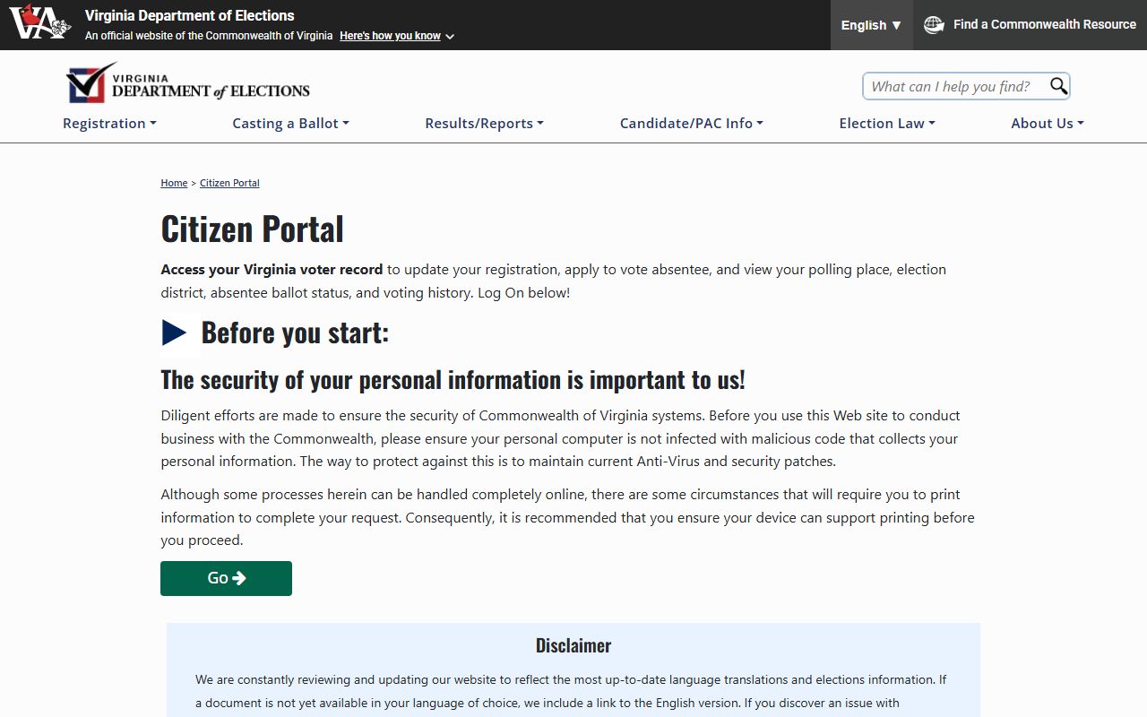 Virginia White Pages voter registration portal