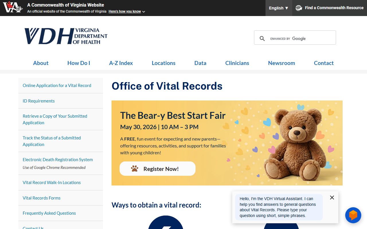 Virginia White Pages vital records office portal
